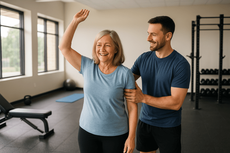 Older woman smiling and raising her arm during mobility training session with male trainer in fitness studio.
