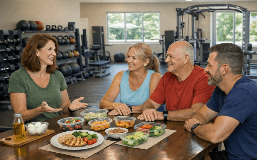 Woman discussing healthy meal prep with three adults in a fitness setting, featuring colorful salads, vegetables, and protein-rich foods on the table, emphasizing nutrition and meal planning strategies.