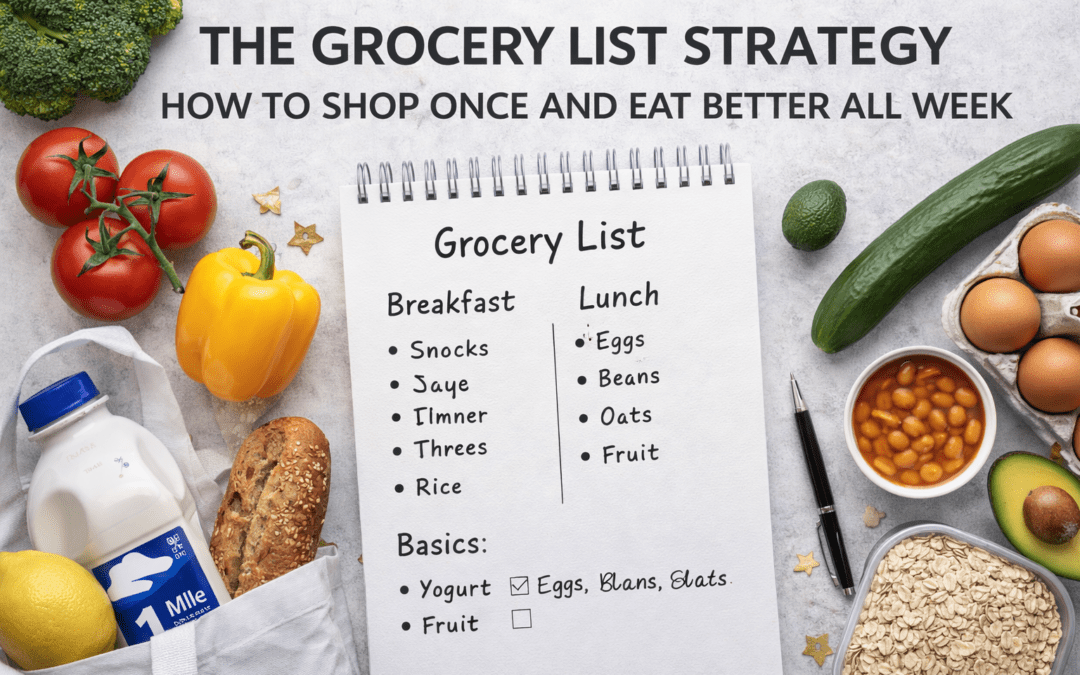 Grocery list with meal planning items including vegetables, eggs, and oats, emphasizing healthy eating strategies for nutrition and meal preparation.