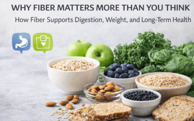 Colorful assortment of foods rich in fiber, including oats, almonds, black beans, blueberries, and whole grain bread, with text highlighting the importance of fiber for digestion and health.