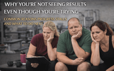 Group of three people in a gym setting, looking concerned while reading a tablet, with text overlay discussing reasons for stalled fitness progress and strategies to overcome challenges.