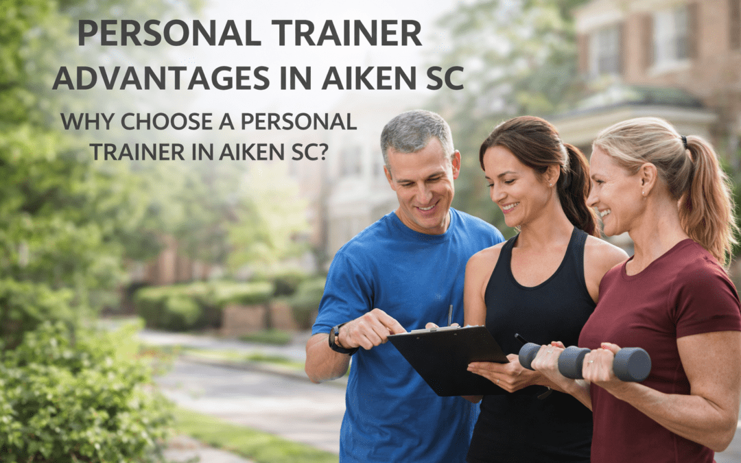 Personal trainer discussing fitness strategies with two clients outdoors in Aiken, SC, highlighting the advantages of personal training.