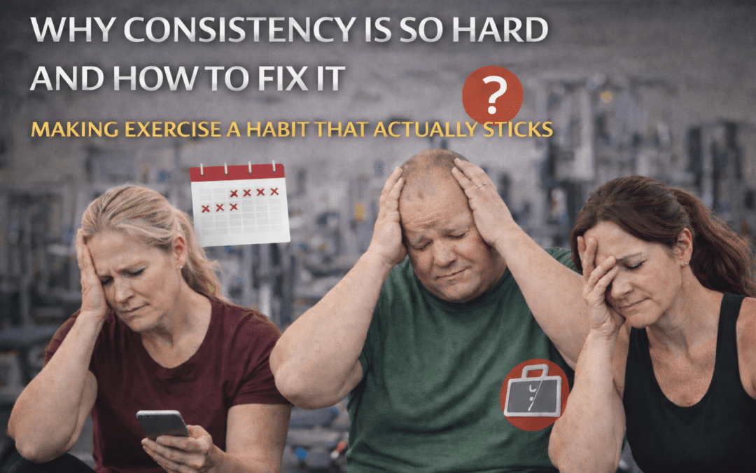 Individuals expressing frustration about fitness consistency, with a calendar showing missed days, and text highlighting the challenge of making exercise a lasting habit.