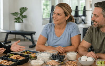 Group discussing high protein meal options with various nutritious foods on the table, emphasizing nutrition and meal planning in a fitness context.