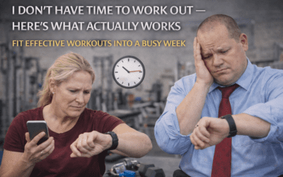 Woman checking smartphone and man looking at wristwatch in gym setting, emphasizing time management for effective workouts amidst busy schedules.